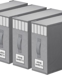 StorageTastic 4 Pack Bed Sheet Closet Organizers and Storage.Sturdy Foldable Storage Containers with Window and Label.Storage and Organization for Bedding Sheets.Duvet Covers.Blankets (Grey)